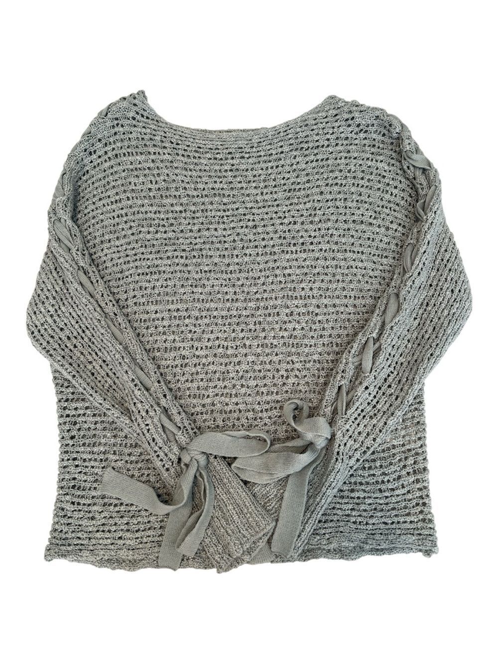 Rewind SzM Light Gray/Bluish Open Weave Knit Sweater Ribbon Detail Sleeves EUC